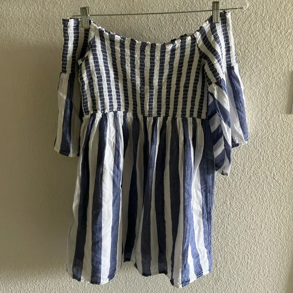 Lucky‎ Brand Blue & White Stripe Off Shoulder Mini Dress 100% Cotton Sz S- EUC - Picture 2 of 10